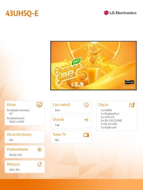 Monitor wielkoformatowy 43 cale 43UH5Q-E 500cd m2 UHD 24 7