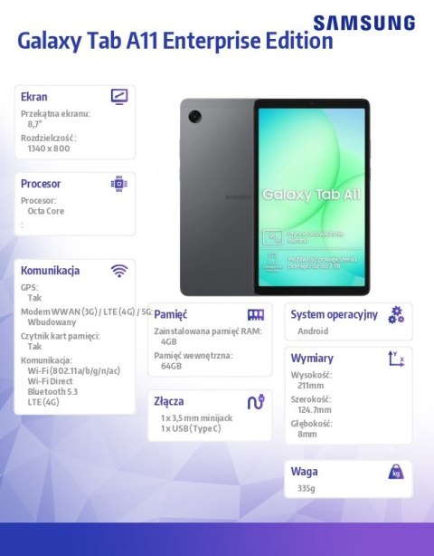 Tablet Galaxy Tab A11 X135 4G 8 7 cala 4 64 GB Szary Enterprise Edition