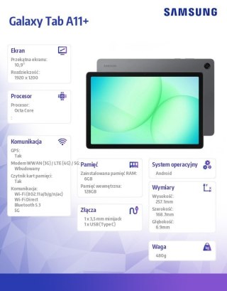 Tablet Galaxy Tab A11+ X236 10.9 cala 5G 6 128GB Szary Enterprise Edition