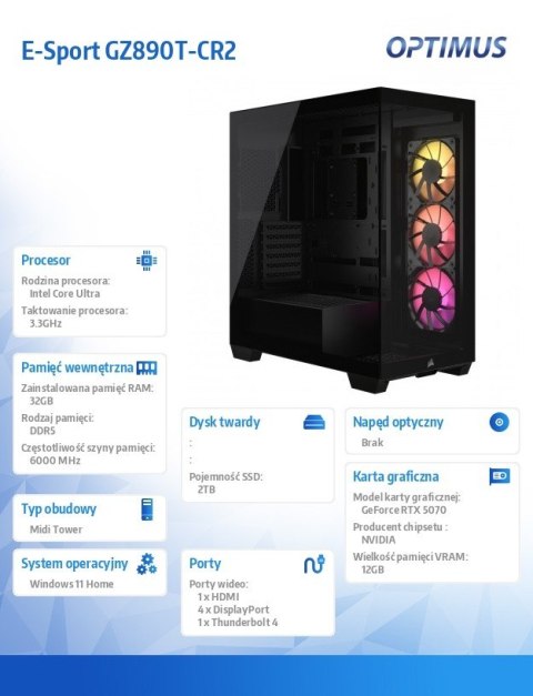Komputer E-Sport GZ890T-CR2 Core Ultra7 265KF 32GB 2TB RTX 5070 OC W11H