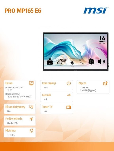 Monitor 15.6 cala PRO MP165 E6 LED/FHD/Flat/60Hz/czarny