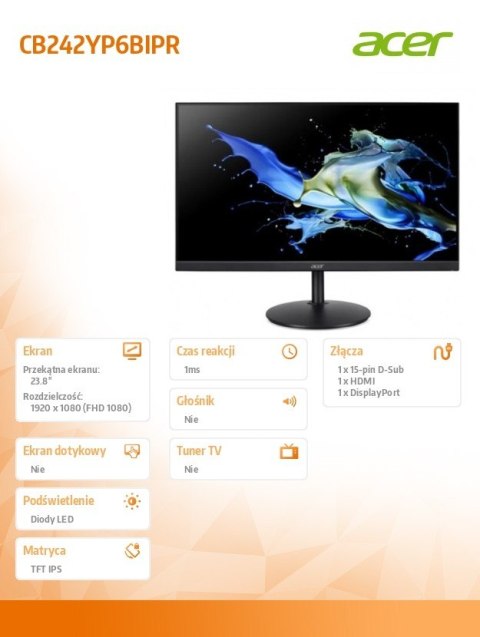 Monitor 23 8 cala CB242YP6BIPR IPS 144Hz HDMI DP VGA
