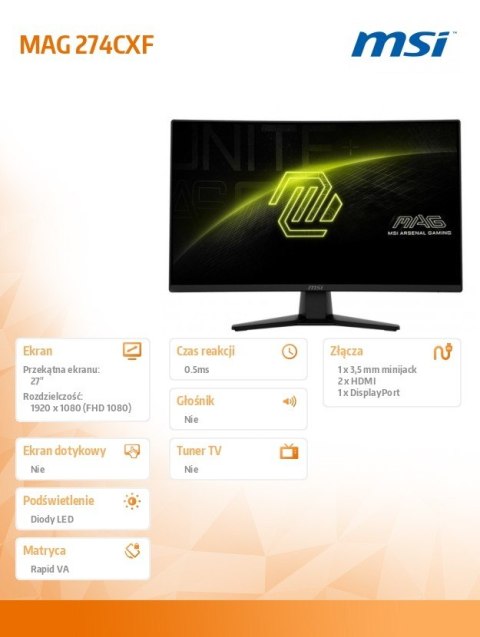 Monitor MAG 274CXF 27 cali LED FHD Zakrzywiony 280Hz Czarny