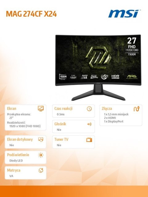 Monitor MAG 274CF X24 27cali LED FHD CURVE 240Hz Black