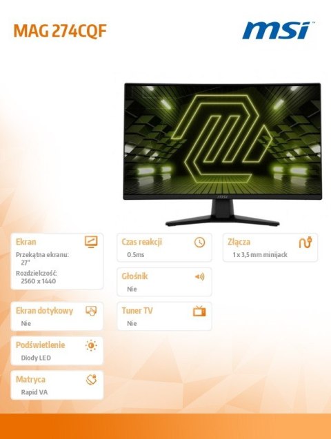 Monitor MAG 274CQF 27 cali LED WQHD Zakrzywiony 180Hz Czarny
