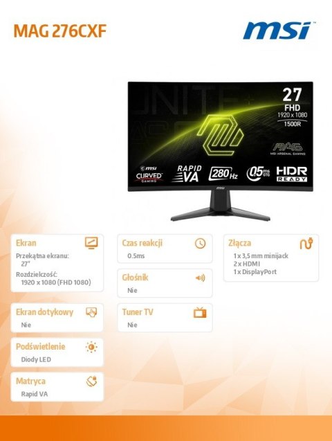 Monitor MAG 276CXF 27 cali LED FHD Zakrzywiony 280Hz Czarny