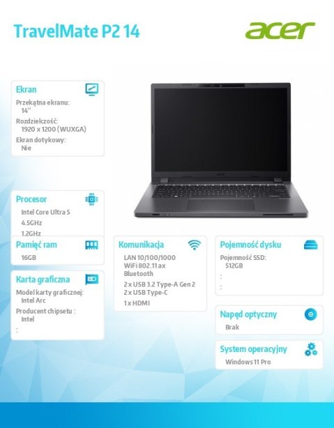 Notebook TravelMate P2 14 TMP214-75-G3-TCO Ulta 5 125H 16GB 512GB W11 PRO