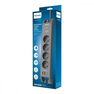 Listwa antyprzepięciowa 2m, 4 gniazda, 1xUSB-C, 2xUSB-A,PD 20W / QC 18W, 2400 J ochrony przeciwprzepięciowej