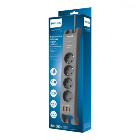 Listwa antyprzepięciowa 2m, 4 gniazda, 1xUSB-C, 2xUSB-A,PD 20W / QC 18W, 2400 J ochrony przeciwprzepięciowej