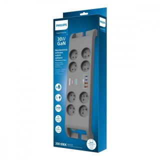 Listwa antyprzepięciowa 2m,8 gniazd, 2xUSB-C, 2xUSB-A, 30W GaN, 2400 J ochrony przeciwprzepięciowej