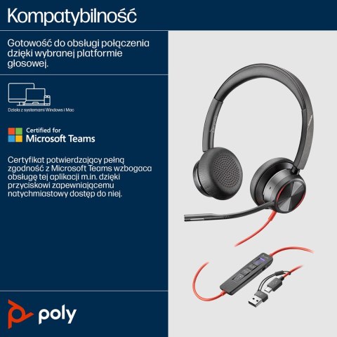 Zestaw słuchawkowy POLY Blackwire 8225 Stereo 8X225AA USB-C z certyfikatem Microsoft Teams + przejściówka USB-C/A