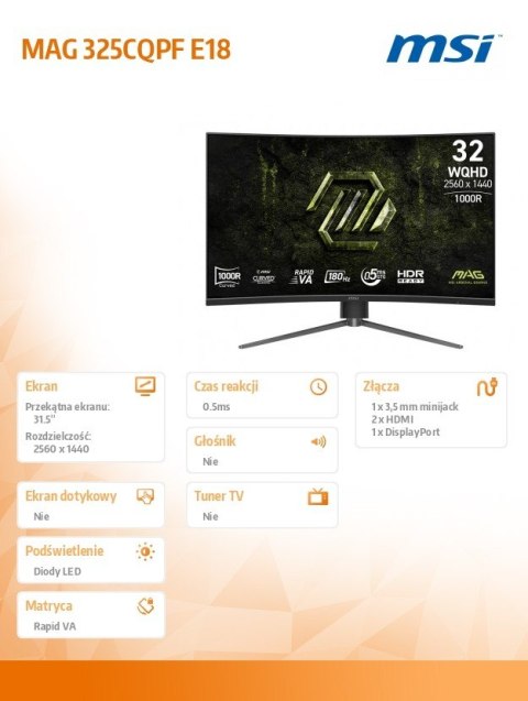 Monitor MAG 325CQPF E18 31 5 LED WQHD LED Zakrzywiony 180Hz Czarny