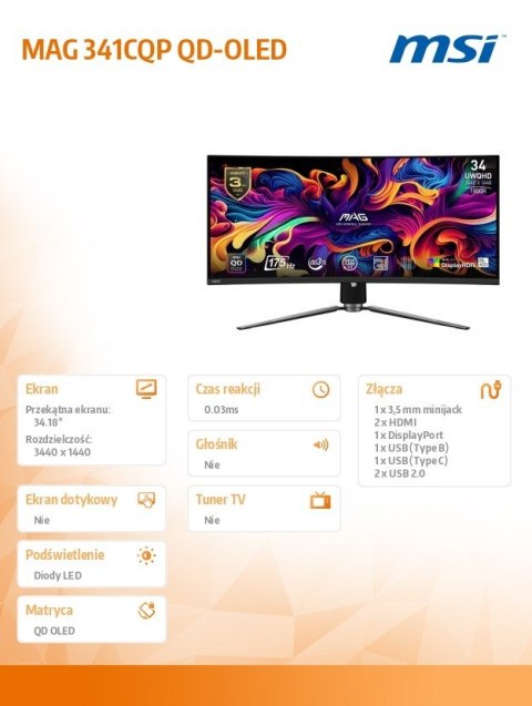 Monitor MAG 341CQP QD-OLED 34 cale QD-LED UWQHD Zakrzywiony 175Hz Czarny
