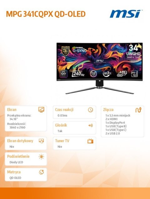 Monitor MPG 341CQPX QD-OLED 34 cale LED UWQHD Zakrzywiony 240Hz Czarny