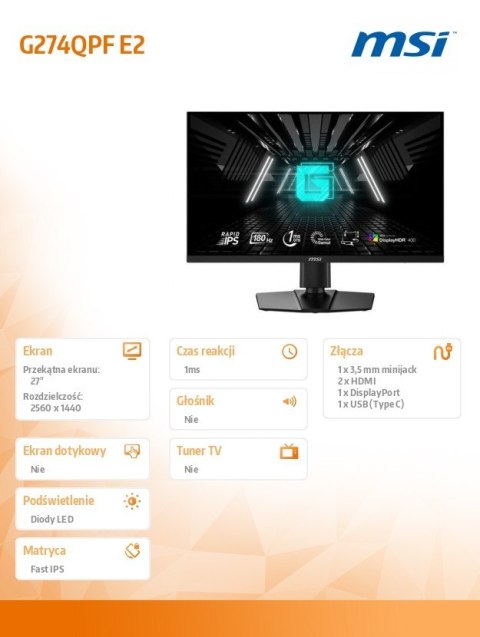 Monitor G274QPF E2 27 cali  LED QHD Flat 180Hz czarny