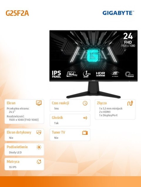 Monitor 24 5 cala AORS G25F2AEK IPS FHD 240Hz 2HDMI DP