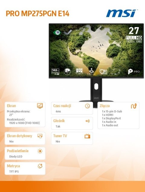 Monitor PRO MP275PGN E14 27 cali LED FHD Zakrzywiony 144Hz Czarny