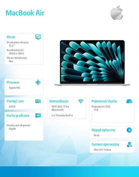 MacBook Air 15 3 cala: M5 10 10  24GB  1TB SSD  bez zasilacza - Srebrny