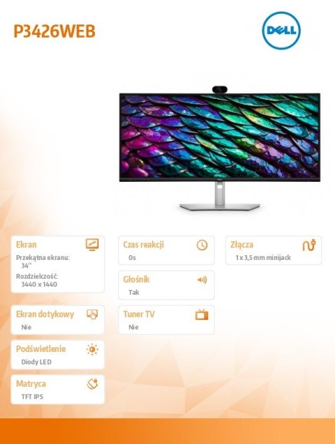 Monitor P3426WEB 34 cale IPS Zakrzywiony WQHD (3440x1440) 21:9 HDMI DP 4xUSB 2xUSB-C RJ45 Kamera Głośniki 3Y