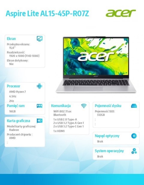 Laptop Acer Lite AL15-45P-R07Z R7-5825U 15 6 FHD 16GB 512GB