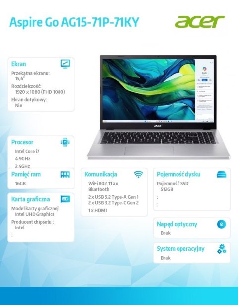 Laptop Aspire Go AG15-71P-71KY I7-13620H 15 6 FHD 16GB 512GBNoOS Silver
