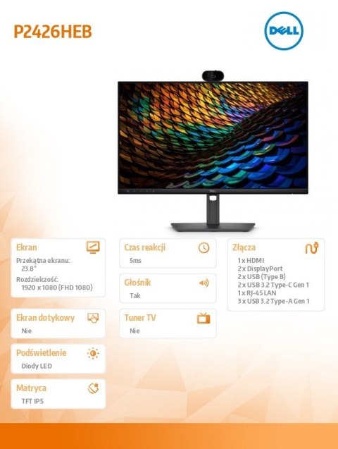 Monitor P2426HEB 23 8 cala IPS FHD (1920x1080) 16:9 HDMI 2xDP 5xUSB 2xUSB-C RJ45 Camera Głośniki 3Y