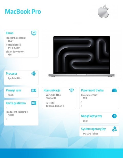 MacBook Pro 16 2 cala: M5 Pro 18 20  24GB  1TB SSD  bez zasilacza - Srebrny