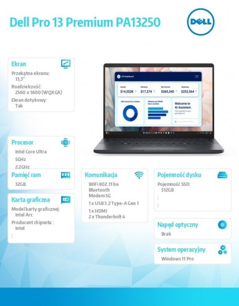 Laptop Dell Pro 13 Premium PA13250 W11P U7-268V/32GB/512GB SSD CL35/13.3 QHD+ Touch/Arc/FgrPr/Cams&Mic/5G WWAN+BT/BcklKb/3C/vPro