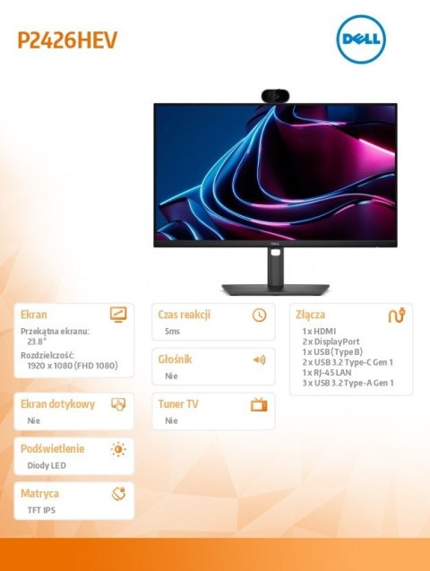 Monitor P2426HEV 23 8 cala IPS FHD(1920x1080) 16:9 HDMI 2xDP 2xUSB-C RJ45 4xUSB Camera 3Y