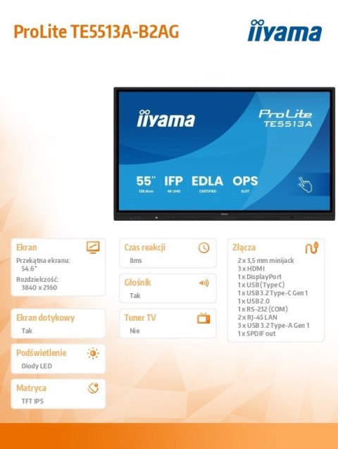 Monitor interaktywny 55 cali TE5513A-B2AG INFRARED 40pkt IPS 4K 7H 500cd m2  WiFi USB  ANDROID 14  Google EDLA 2x20W  UCHWY