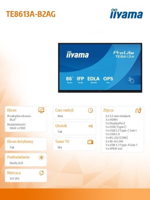 Monitor interaktywny 86 cali TE8613A-B2AG INFRARED,40pkt,IPS,4K,7H,500cd/m2, WiFi,USB, ANDROID 14, Google EDLA,2x20W, UCHWY