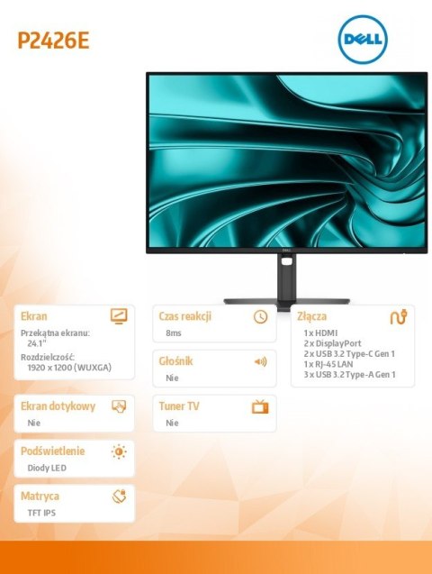 Monitor P2426HE 24 cale IPS FHD (1920x1200) 16:10 HDMI 2xDP 3xUSB 2xUSB-C RJ45 3Y