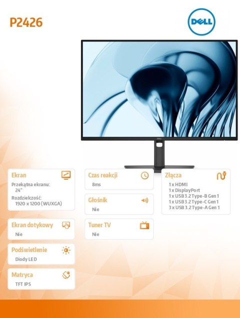 Monitor P2426 24 cale IPS WUXGA (1920x1200) 16:10 HDMI DP 4xUSB USB-C 3Y