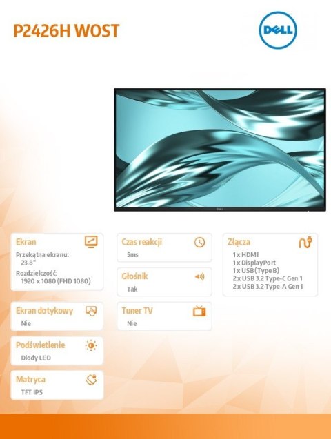 Monitor P2426H WOST 23 8 cala IPS FHD (1920x1080) 16:9 HDMI DP 3xUSB 2xUSB-C No Stand 3Y