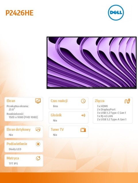 Monitor P2426HENOSTAND 24 cale IPS FHD (1920x1080) 16:9 HDMI 2xDP 2xUSB 3xUSB-C RJ45 No Stand 3Y