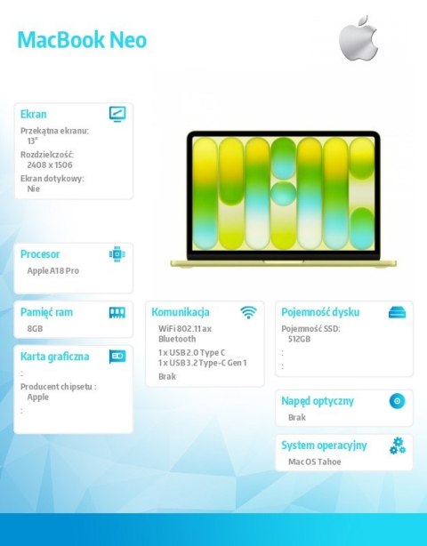 MacBook Neo 13 cali: A18 Pro 6 5  8GB  512GB SSD  bez zasilacza  Touch ID - Cytrusowożółty