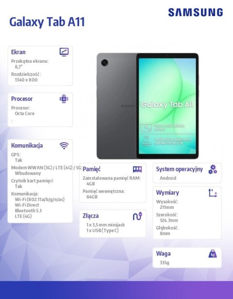 Tablet Galaxy Tab A11 X135 4G 8 7 cala 8 128GB Szary