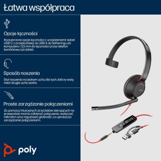 POLY Jednouszny zestaw słuchawkowy USB-C Blackwire 5210 + wtyczka 3,5 mm + przejściówka USB-C/A