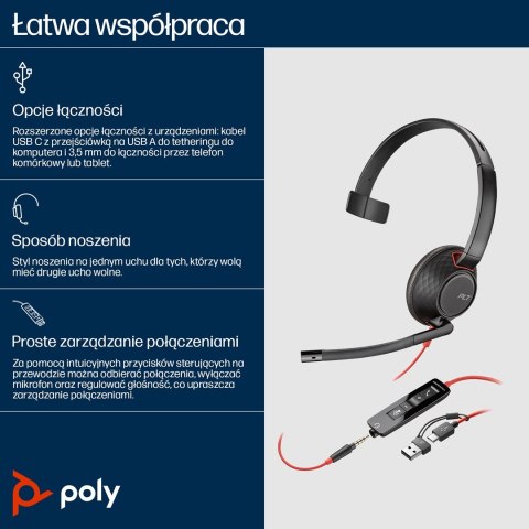 POLY Jednouszny zestaw słuchawkowy USB-C Blackwire 5210 + wtyczka 3,5 mm + przejściówka USB-C/A