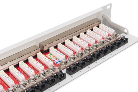 Digitus Panel krosowy (patch panel) 19'' 24x RJ45, LSA poziom, kat.6A, ekranowany, 1U, szary, prowadnica kabli
