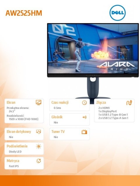 Monitor AW2525HM 24 5 AMD FreeSync Premium & NVIDIA G-SYNC Compatible 320Hz Full HD (1920x1080) 16:9 DP 2xHDMI USB 3 2 3Y AES&PP