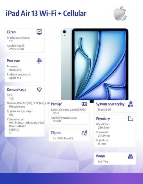 IPad Air 13 cali Wi-Fi + Cellular 128GB Niebieski