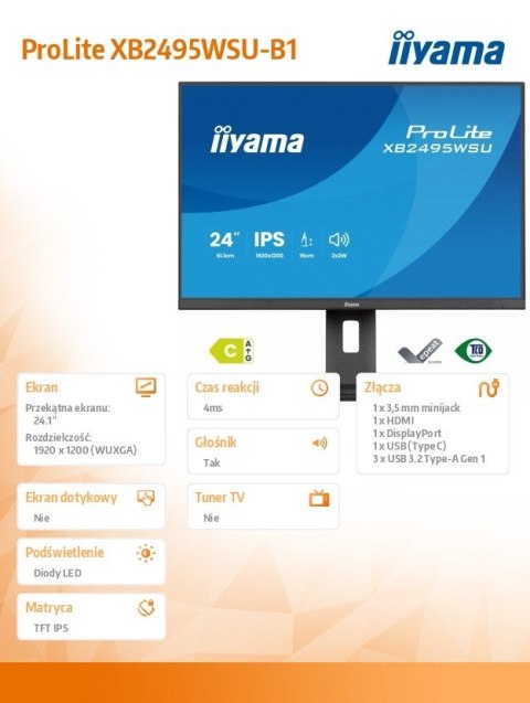 Monitor 24 cale XB2495WSU-B1 IPS,16:10,350cd,4ms,HDMI, 100Hz,1500:1, 4xUSB,2x2W,HAS150 (PIVOT)