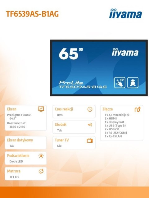 Monitor 65 cali TF6539AS-B1AG,IPS,4K,HDMIx2,DP,RJ45,3xUSB,2x10W, ANDROID,24/7,IP65