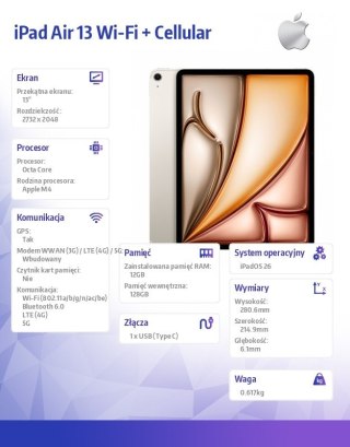 IPad Air 13 cali Wi-Fi + Cellular 128GB Księżycowa poświata
