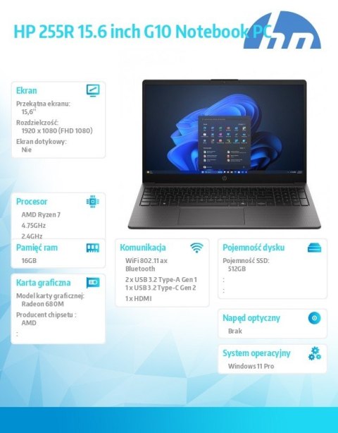 Notebook 255R G10 R7 7735U 512GB 16GB W11P 15 6 cali D4TJ0ET