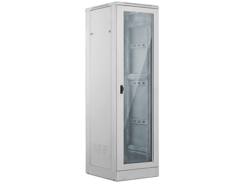 Szafa 24U 600x600, drzwi przednie szklane, drzwi tylne metalowe pełne, zamek, 4 belki nośne, cokół w zestawie, do samodzielnego 