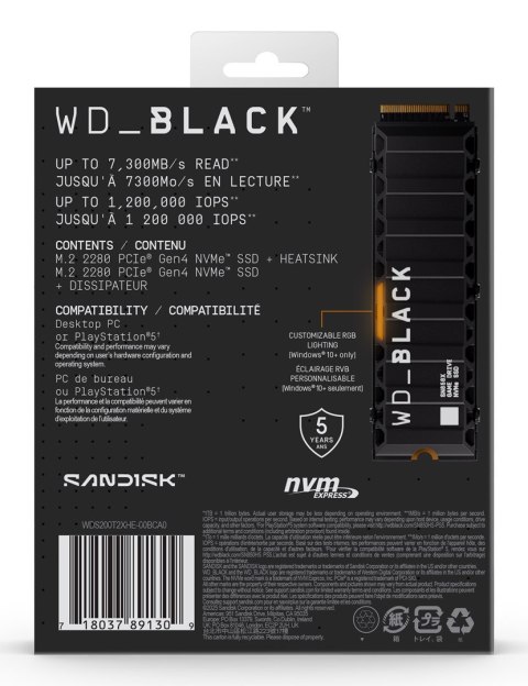 SSD PCIE G4 M.2 2TB W/HEATSINK/BLACK SN850X WDS200T2XHE WDC