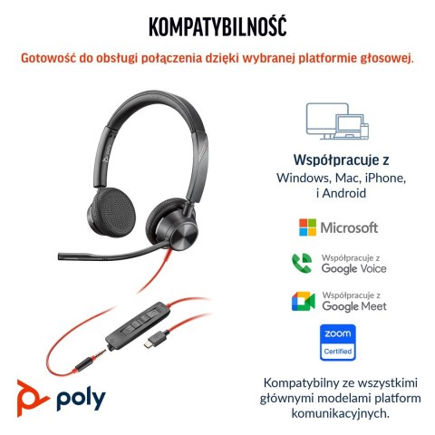 HP Poly Zestaw słuchawkowy stereo Poly Blackwire 3325 USB-C z certyfikatem Microsoft Teams + wtyczka 3,5 mm + przejściówka USB-C
