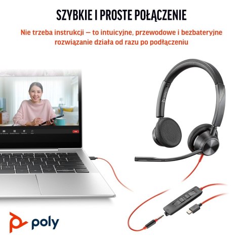 HP Poly Zestaw słuchawkowy stereo Poly Blackwire 3325 USB-C z certyfikatem Microsoft Teams + wtyczka 3,5 mm + przejściówka USB-C